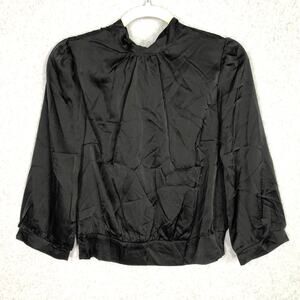 Monteau Shirt Womens Large Black Blouse Satin Corp Twee Silky Crop Goth Mob Wife